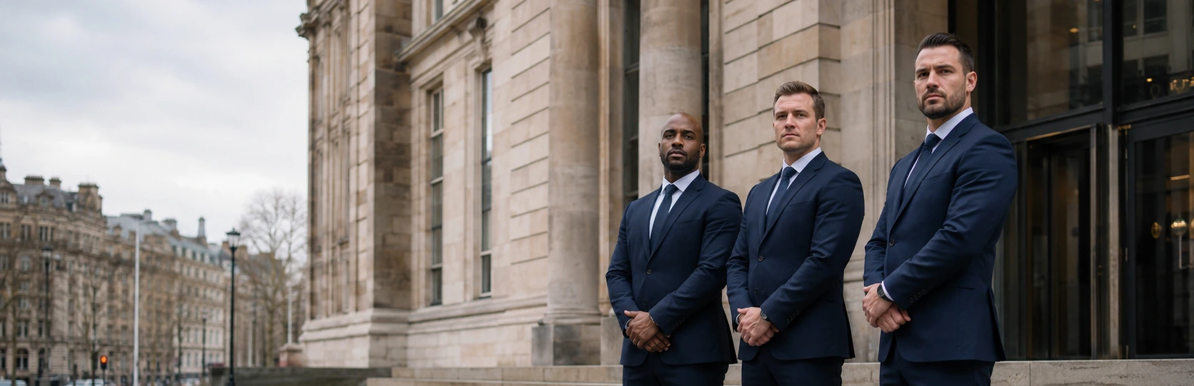 Man Guard Security team standing outside corporate building UK