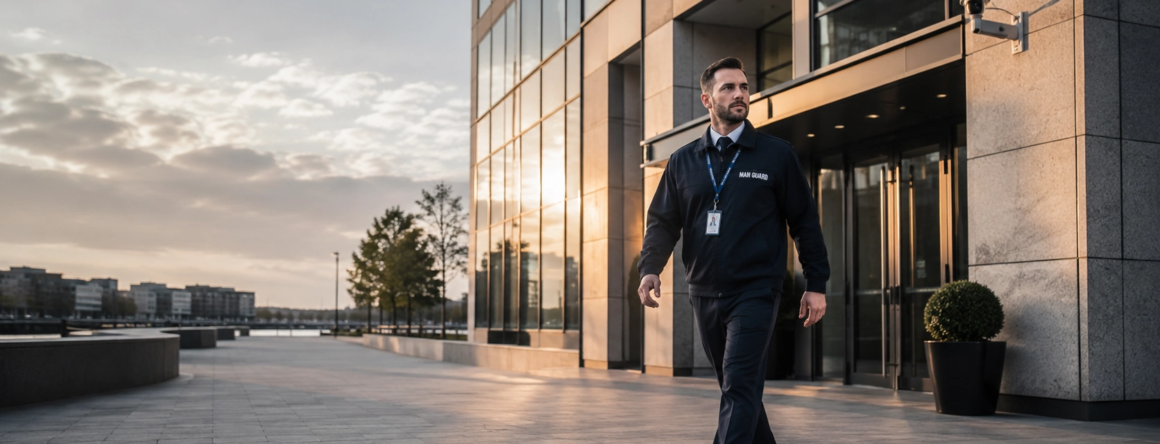Man Guard officer patrolling residential and commercial property building UK