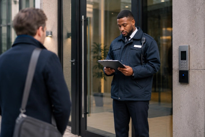 Man Guard officer patrolling residential and commercial property building UK