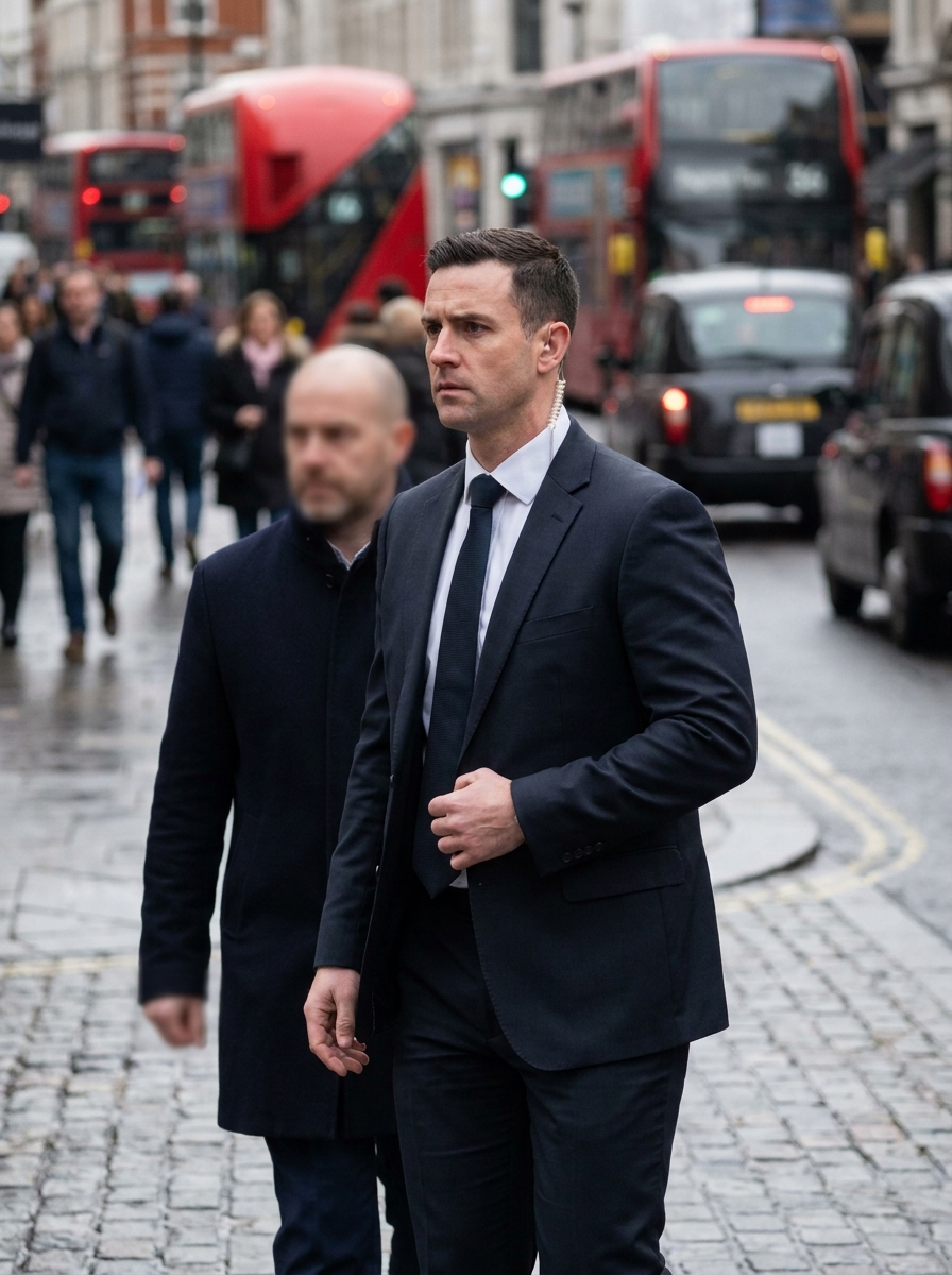 Man Guard close protection officer bodyguard escorting VIP through London street