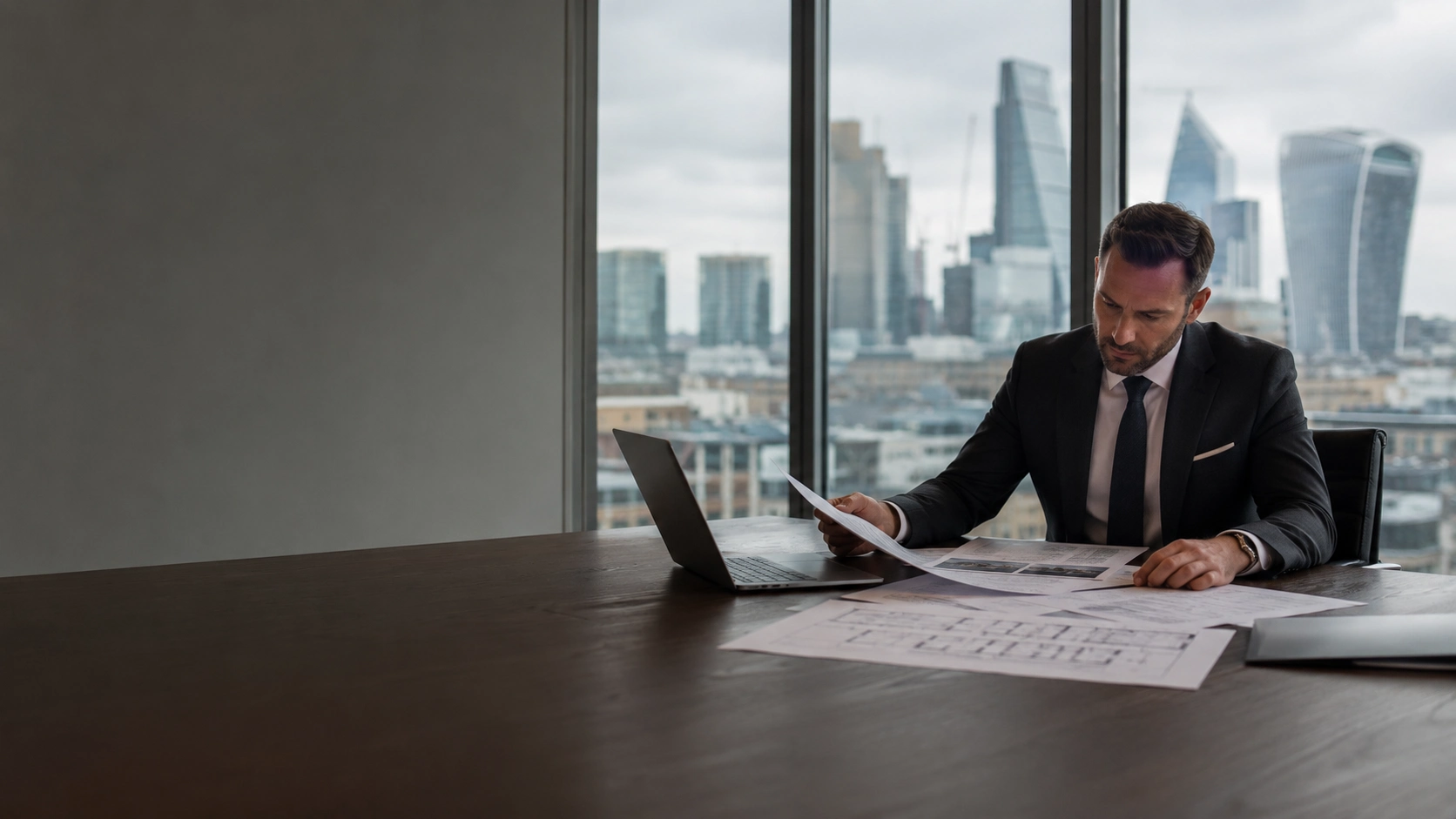 Man Guard security consultant reviewing threat assessment site plans boardroom UK