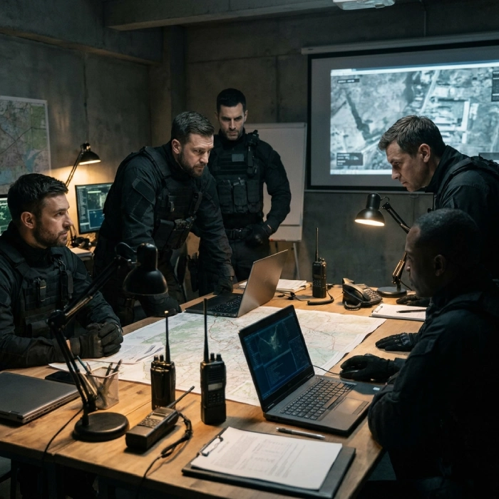 Man Guard security consultant reviewing threat assessment site plans boardroom UK