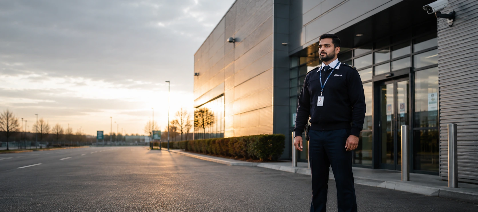 Man Guard manned guarding officer in uniform at commercial premises entrance UK