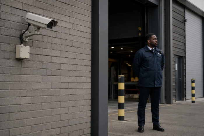 Man Guard manned guarding officer in uniform at commercial premises entrance UK