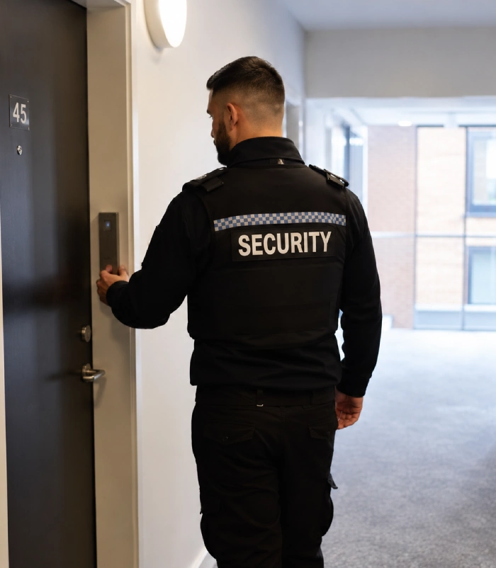 Man Guard officer conducting patrol at residential and commercial property UK