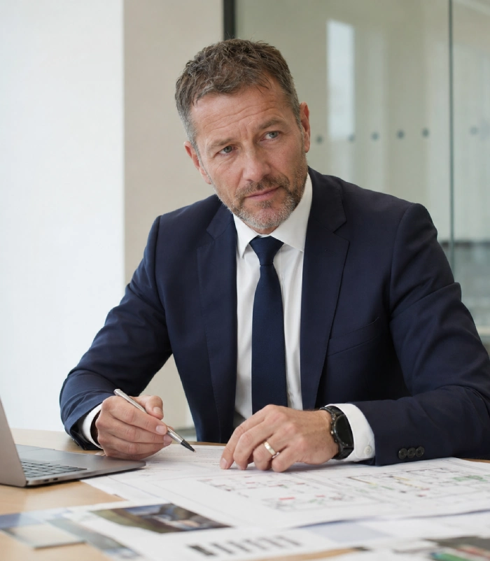 Man Guard security consultant reviewing threat assessment and site plans at boardroom UK
