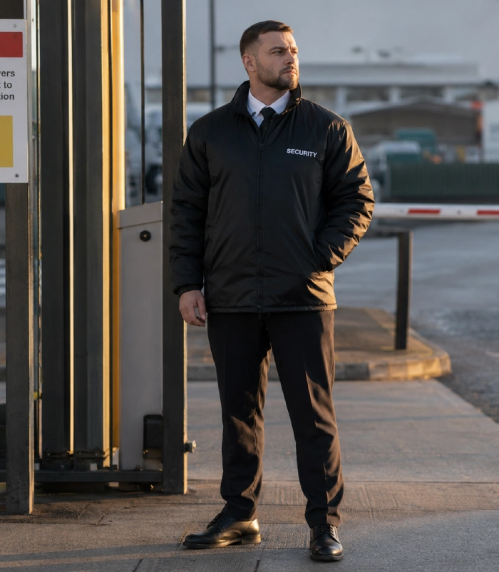 Man Guard manned guarding officer at commercial premises entrance UK