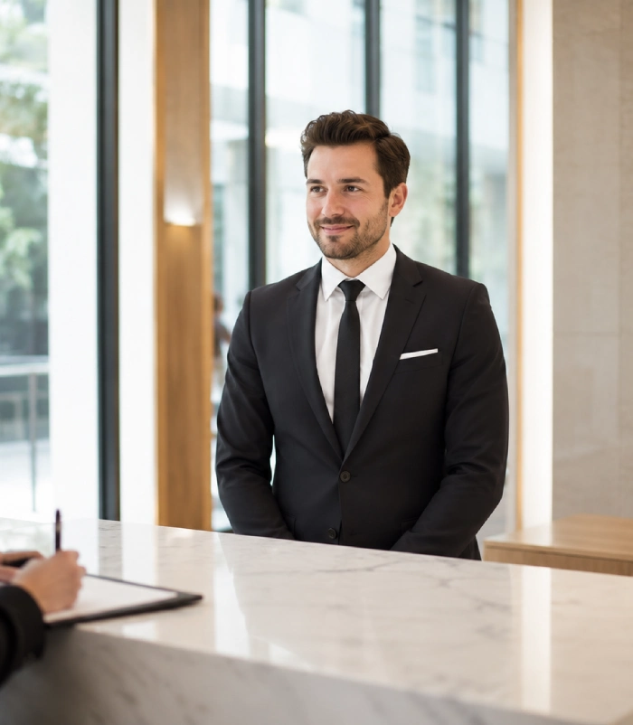 Professional SIA licensed office concierge security officer at corporate reception desk