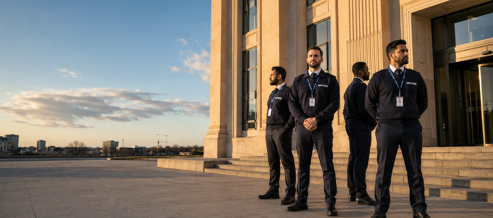 SIA licensed Man Guard security officers standing alert outside corporate building