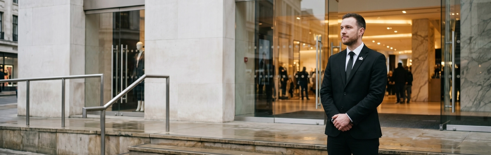 Man Guard manned guarding officer in uniform at commercial premises entrance UK