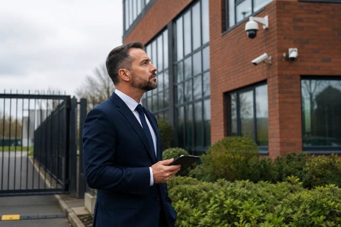 Man Guard security consultant reviewing threat assessment site plans boardroom UK