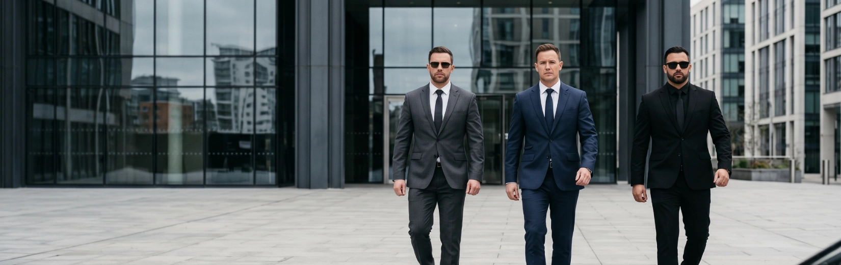 Man Guard security consultant reviewing threat assessment site plans boardroom UK